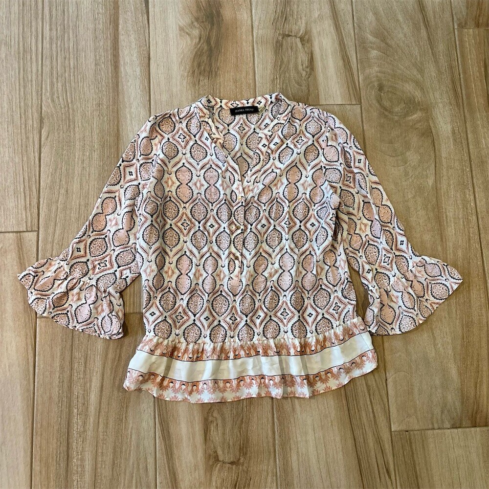 Ivanka Trump Blouse Womens Size M Pink Cream Geometric V-Neck 3/4 Sleeve